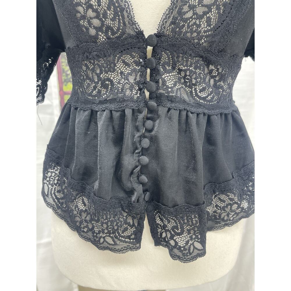 Dark Academia Coquette Black Lace Peplum Top Deep V Gothic Cottagecore Blouse S - Picture 7 of 15